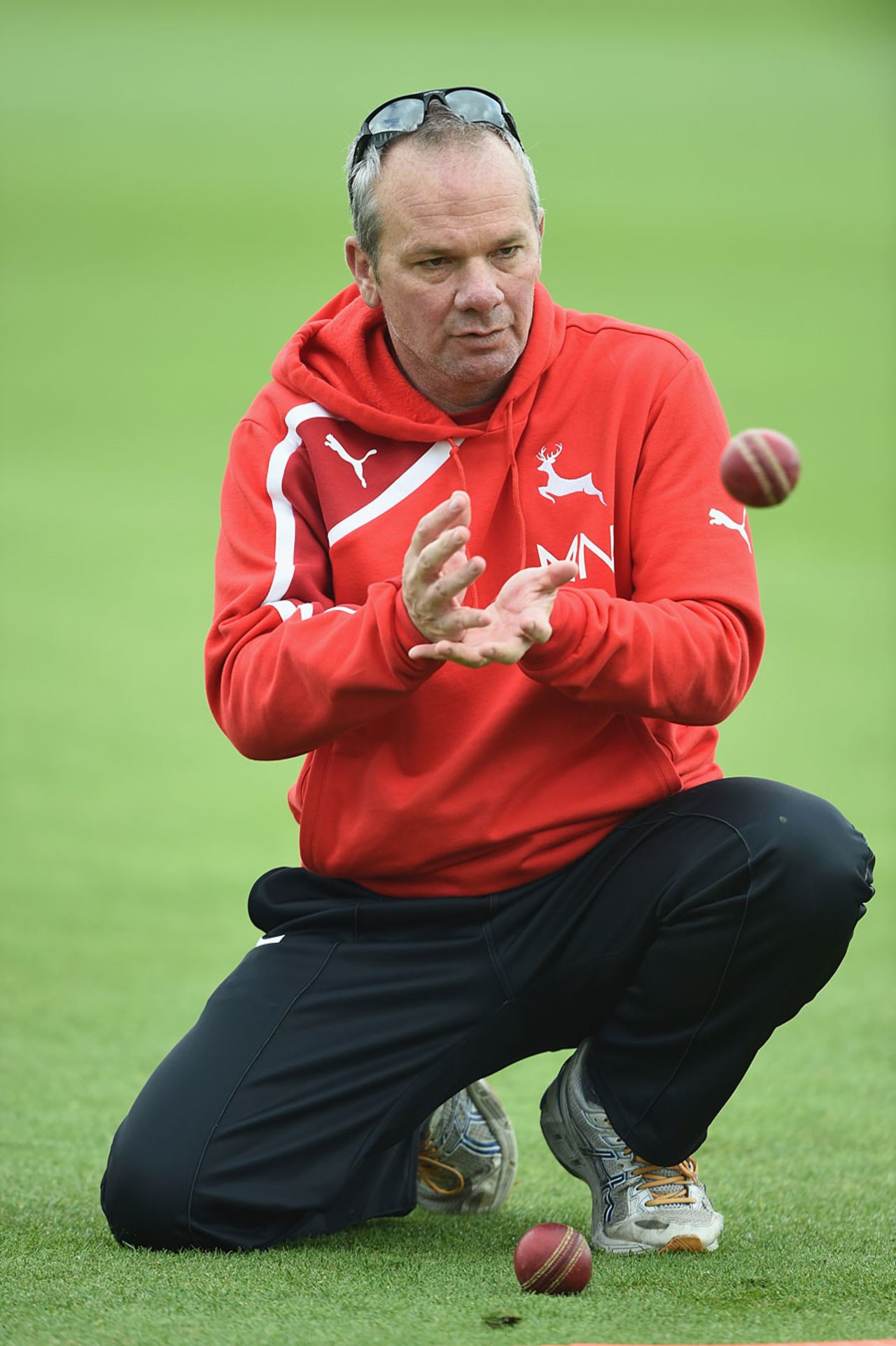 Mick Newell takes fielding drills, Nottinghamshire v Warwickshire, County Championship, Division One, Trent Bridge, April 27, 2014