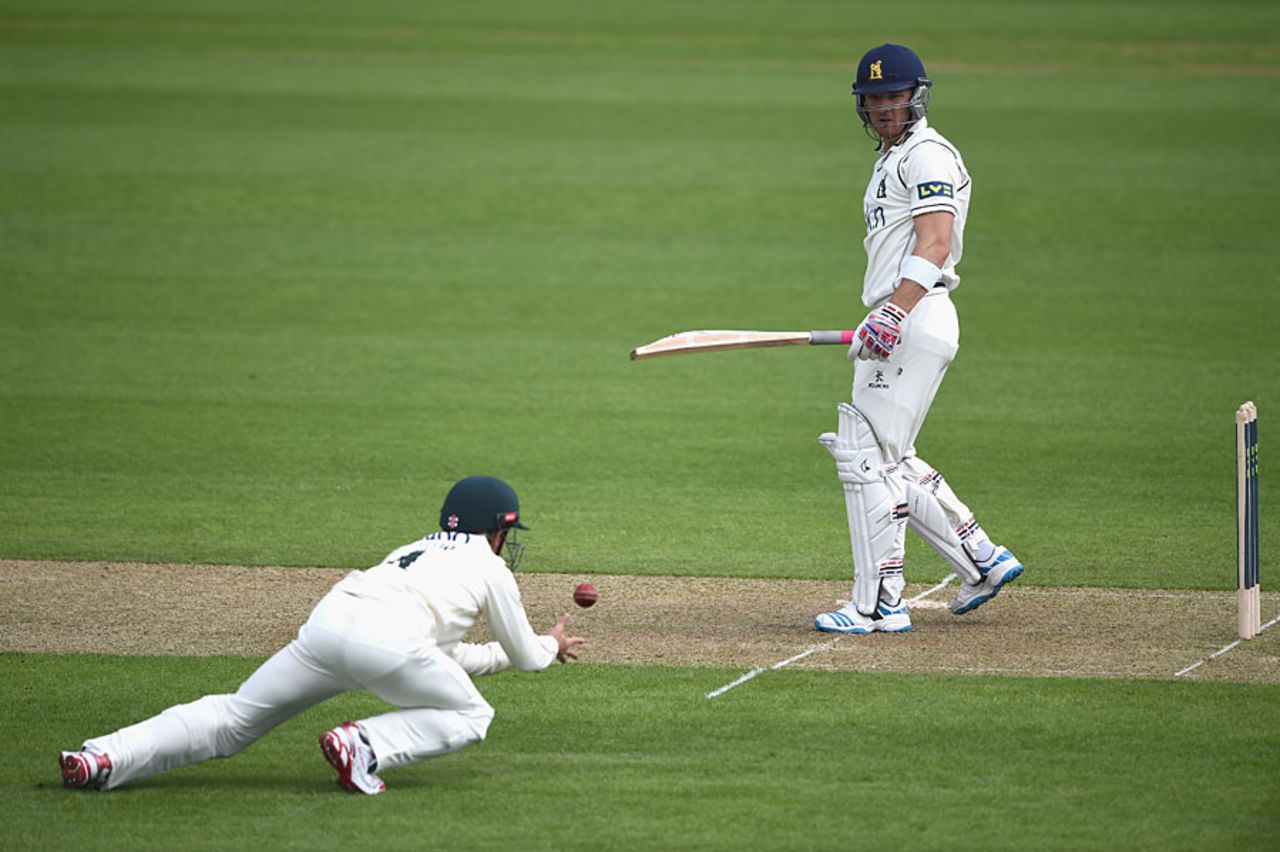 Laurie Evans was caught at short leg by James Taylor, Nottinghamshire v Warwickshire, County Championship, Division One, Trent Bridge, April 27, 2014