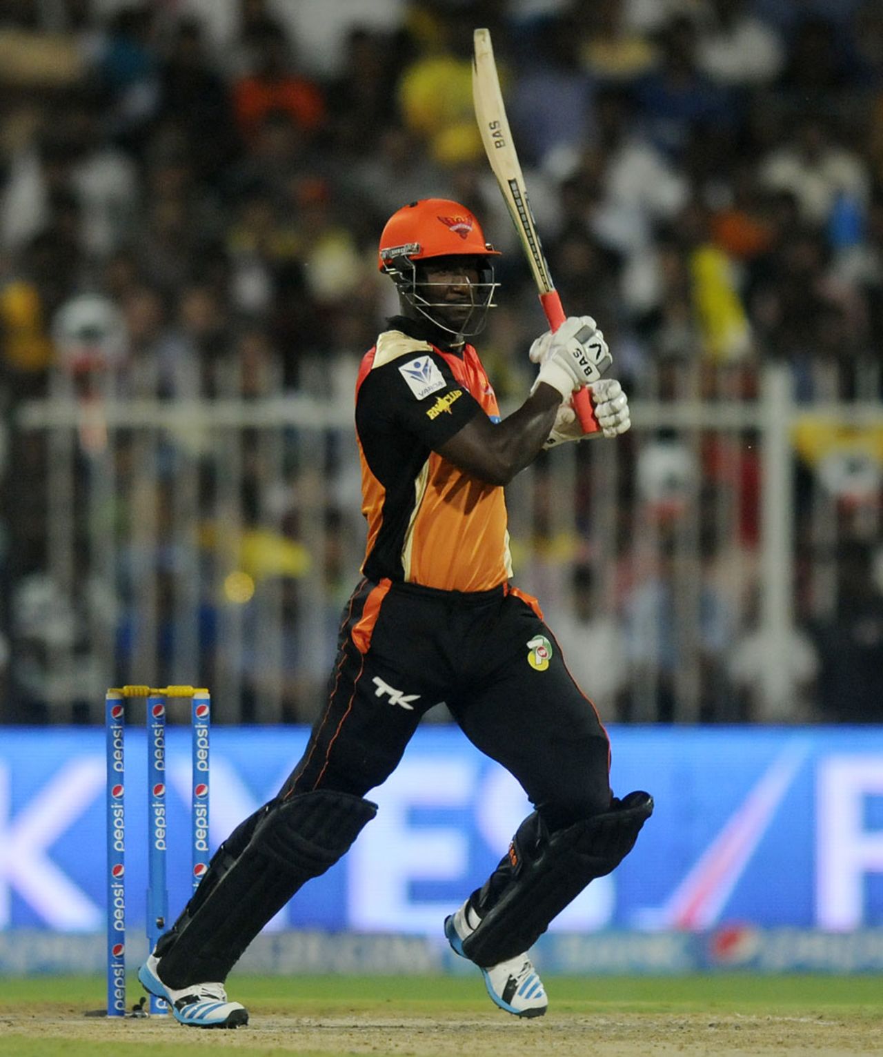 Darren Sammy had some big hits towards the end of the innings, Sunrisers Hyderabad v Chennai Super Kings, IPL 2014, Sharjah, April 27, 2014