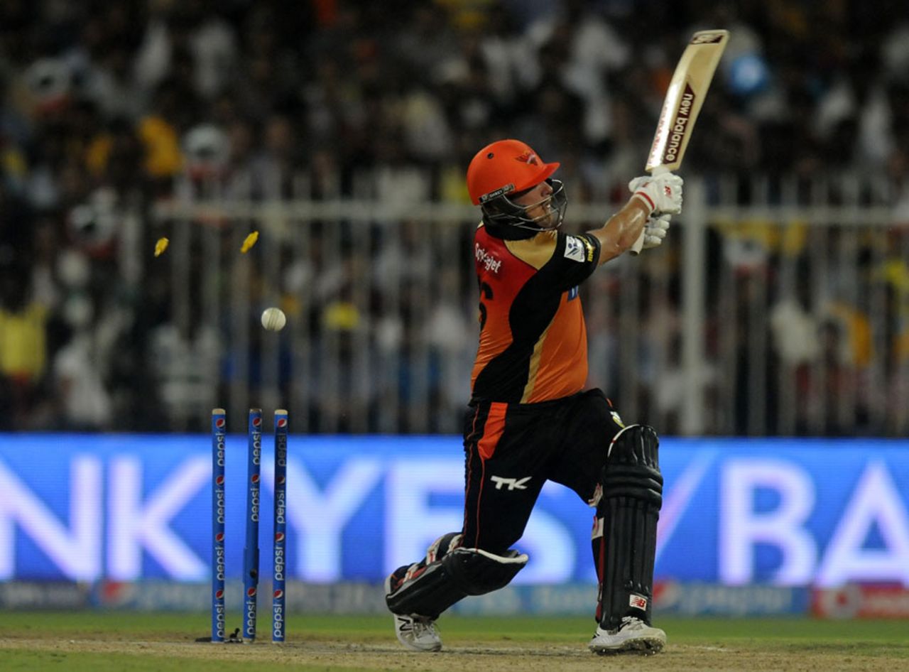 Aaron Finch was bowled by a Mohit Sharma slower ball, Sunrisers Hyderabad v Chennai Super Kings, IPL 2014, Sharjah, April 27, 2014