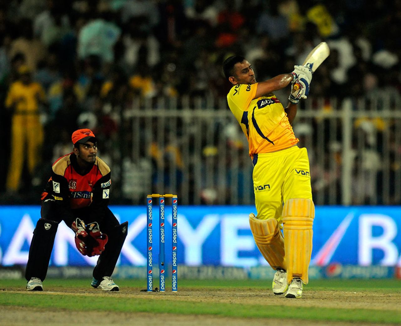 MS Dhoni swats the ball to the leg side, Sunrisers Hyderabad v Chennai Super Kings, IPL 2014, Sharjah, April 27, 2014
