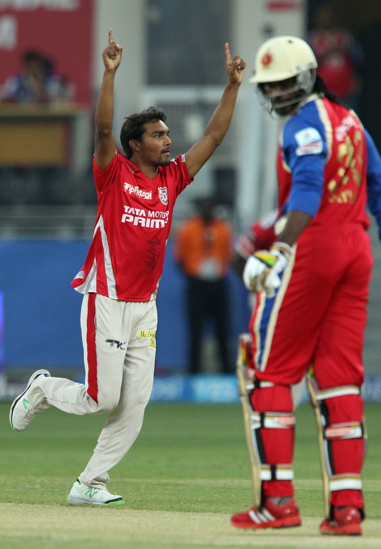 Sandeep Sharma dismissed Chris Gayle in the second over of the innings, Kings XI Punjab v Royal Challengers Bangalore, IPL 2014, Dubai, April 28, 2014