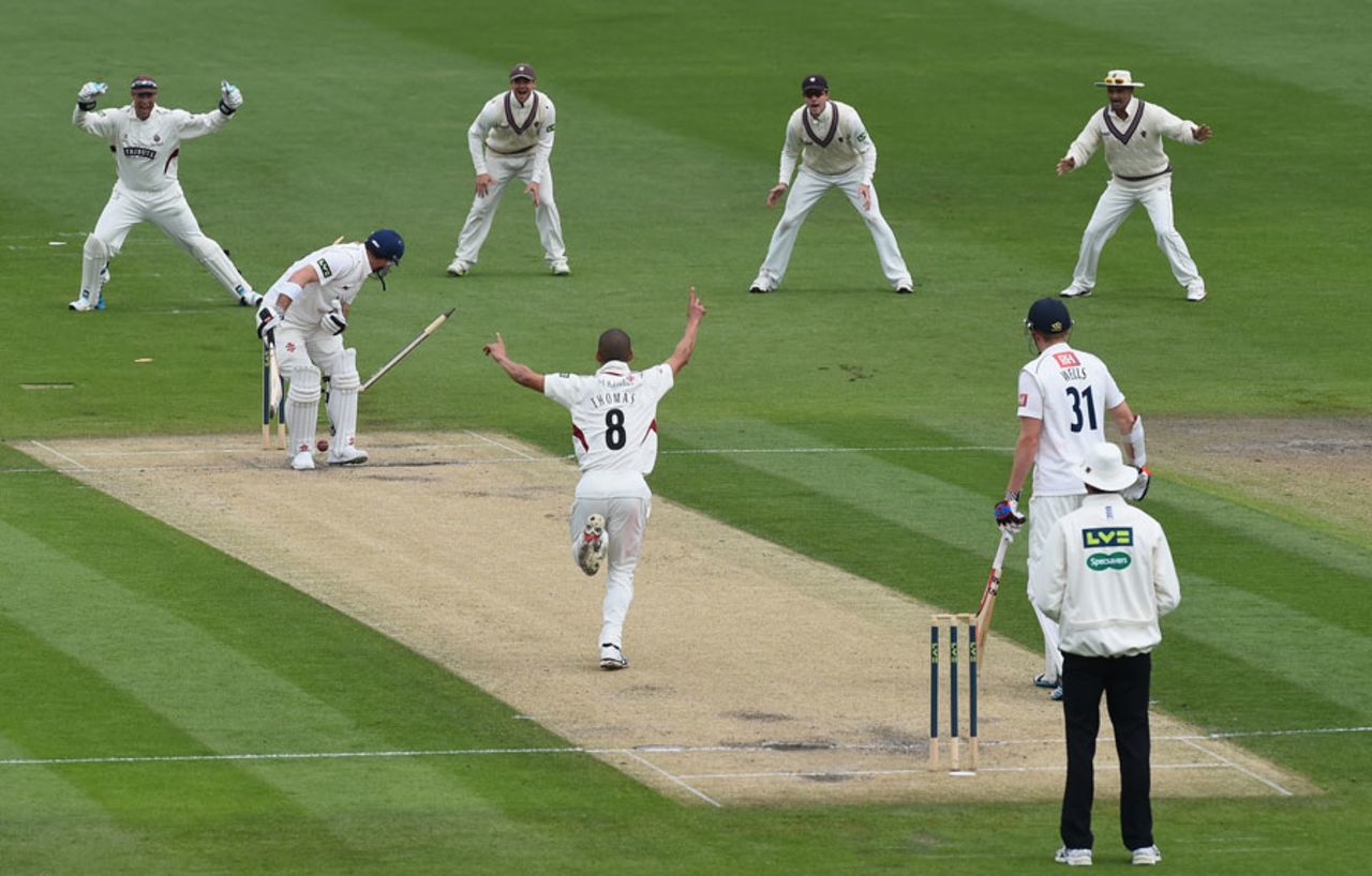 Michael Yardy was bowled by Alfonso Thomas, Sussex v Somerset, County Championship, Division One, Hove, 3rd day, April 29, 2014