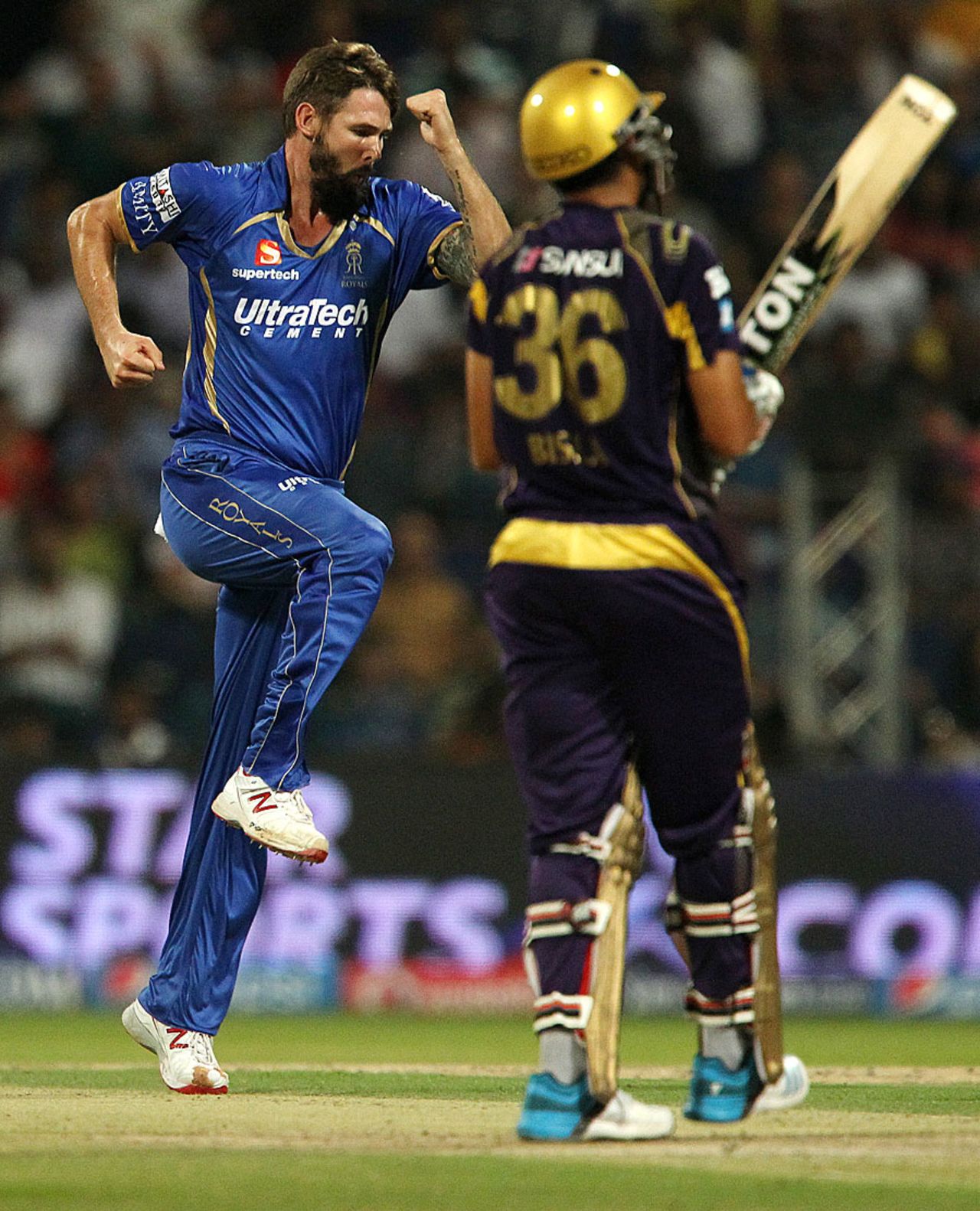 Kane Richardson celebrates after dismissing Manvinder Bisla, Kolkata Knight Riders v Rajasthan Royals, IPL, Abu Dhabi, April 29, 2014
