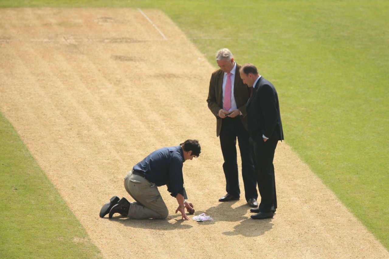 Tony Pigott and David Capel inspect the pitch, Nottinghamshire v Warwickshire, County Championship, Trent Bridge, 3rd day, April 29, 2014