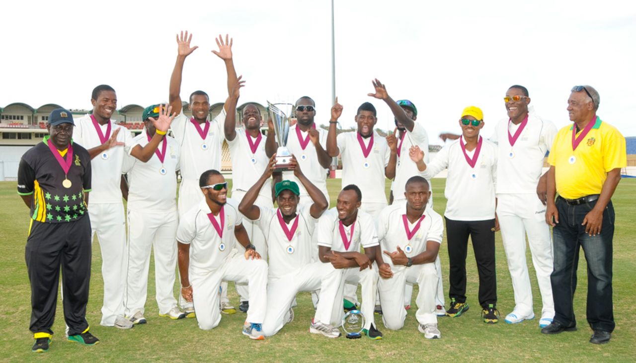 Jamaica celebrate winning the Headley-Weekes Trophy, Windward Islands v Jamaica, Regional Four Day Competition, final, St Lucia, 4th day, April 29, 2014