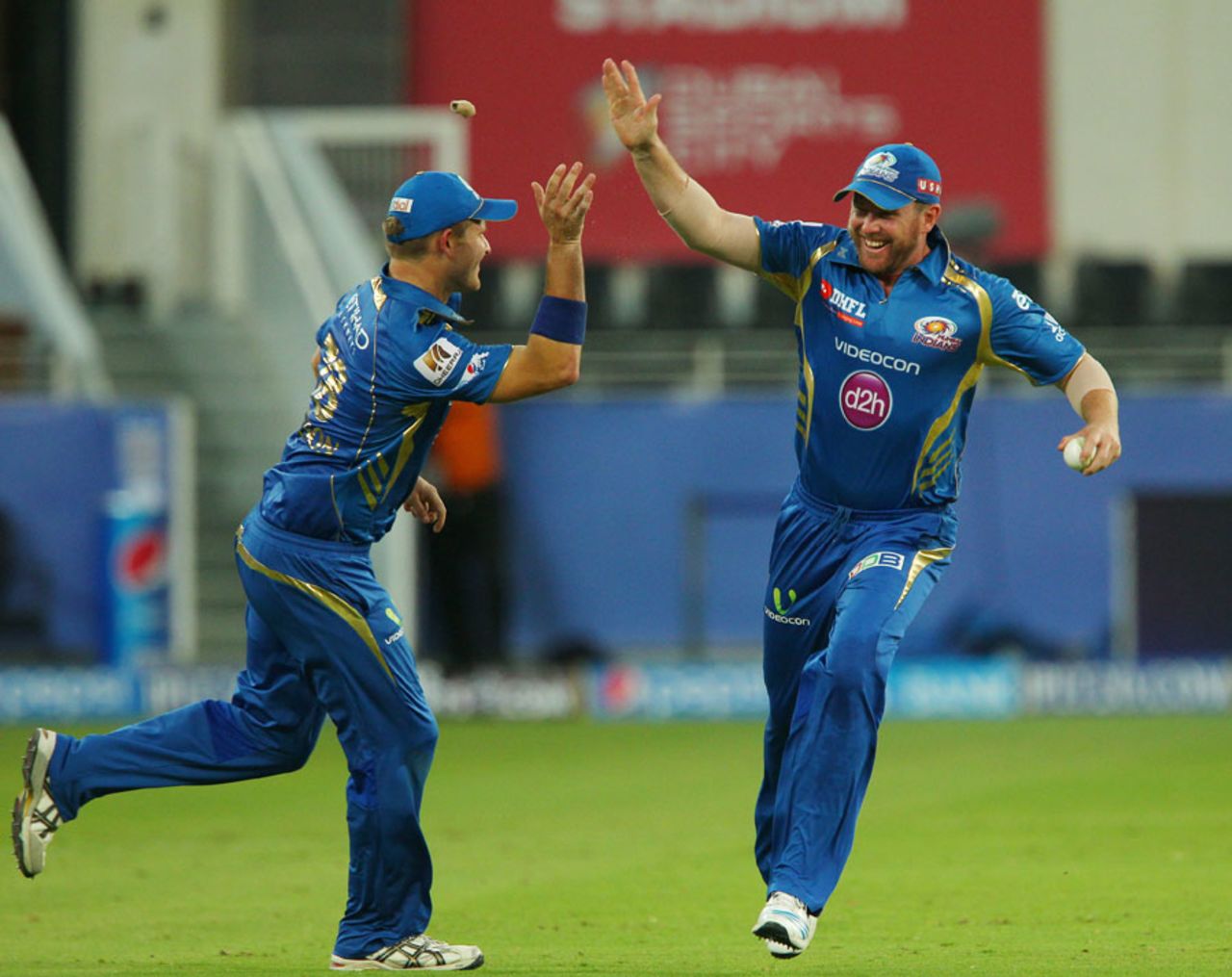 Ben Dunk celebrates after taking a catch to dismiss Aaron Finch, Mumbai Indians v Sunrisers Hyderabad, IPL 2014, Dubai, April 30, 2014