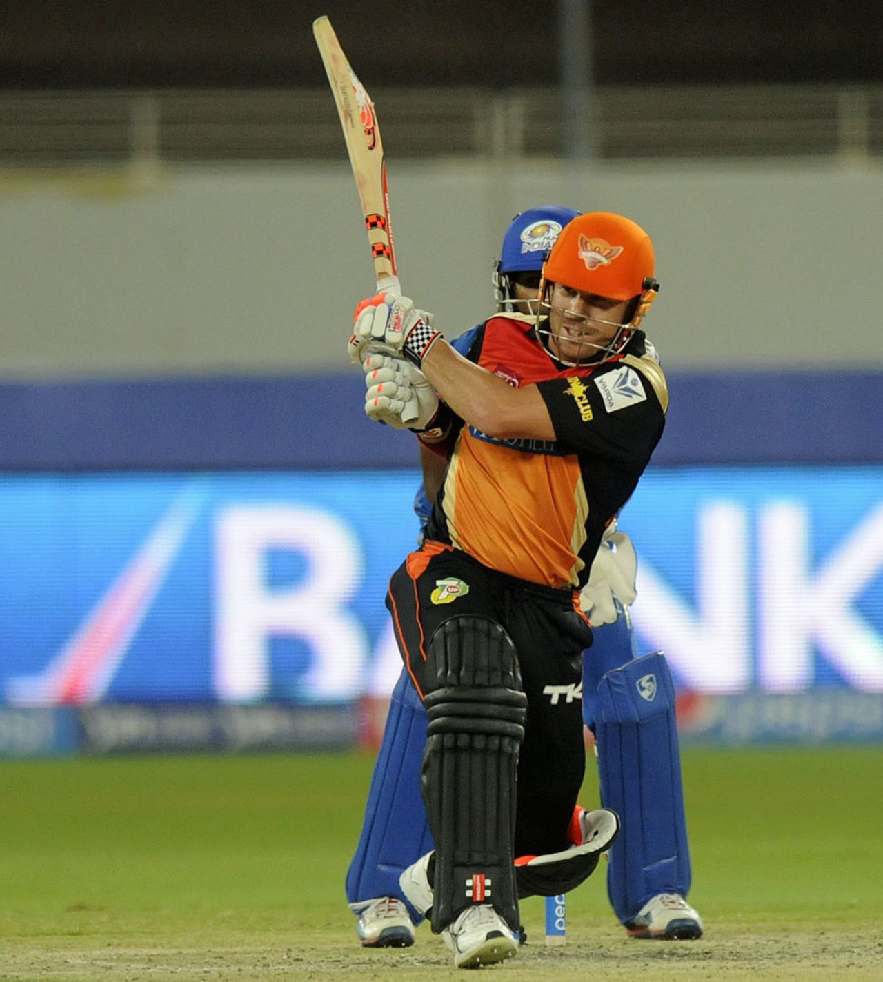 David Warner muscles the ball through the leg side, Mumbai Indians v Sunrisers Hyderabad, IPL 2014, Dubai, April 30, 2014
