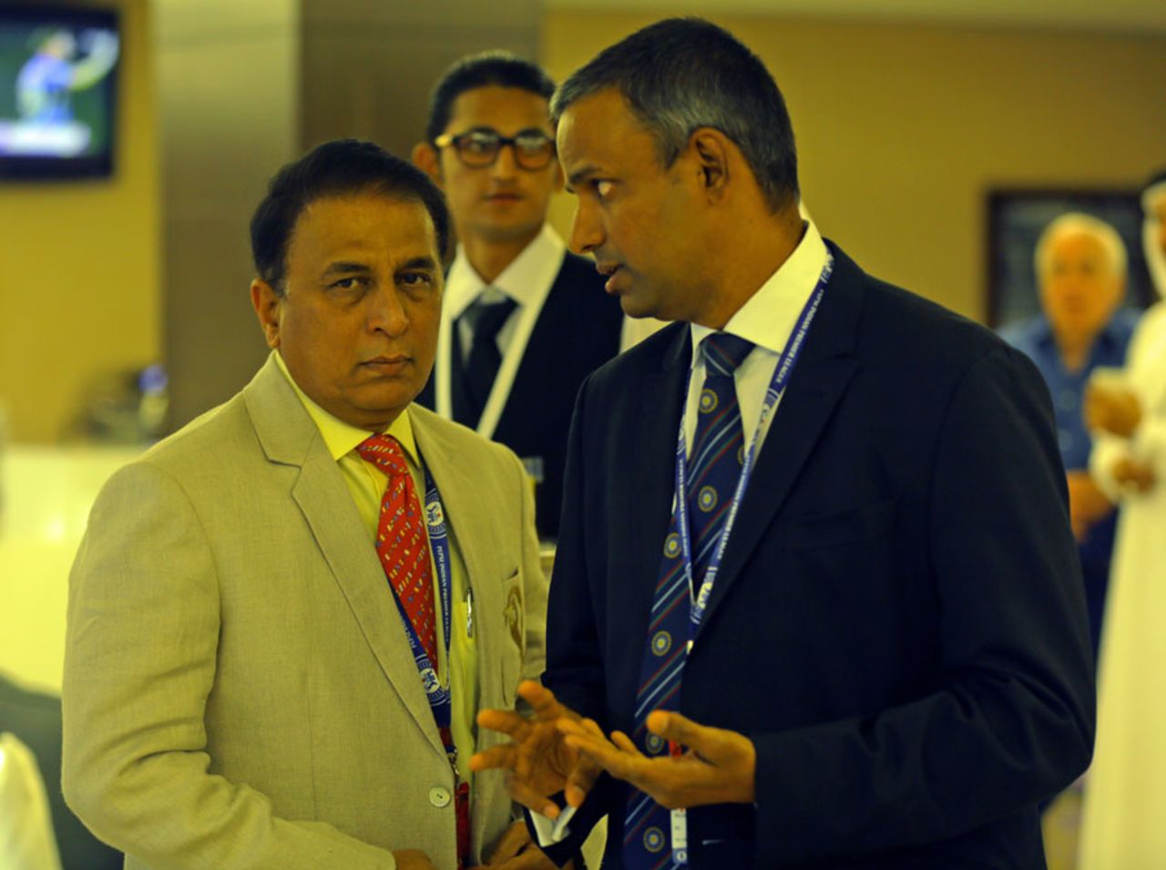 Sunil Gavaskar and IPL COO Sundar Raman at a match, IPL 2014, Dubai, April 30, 2014