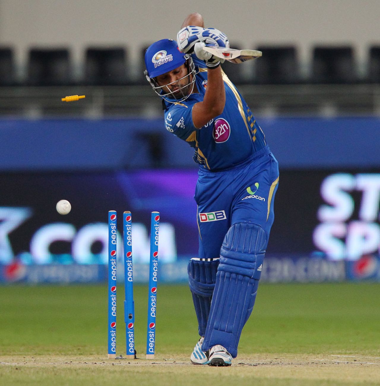 Rohit Sharma was bowled for 1, Mumbai Indians v Sunrisers Hyderabad, IPL 2014, Dubai, April 30, 2014
