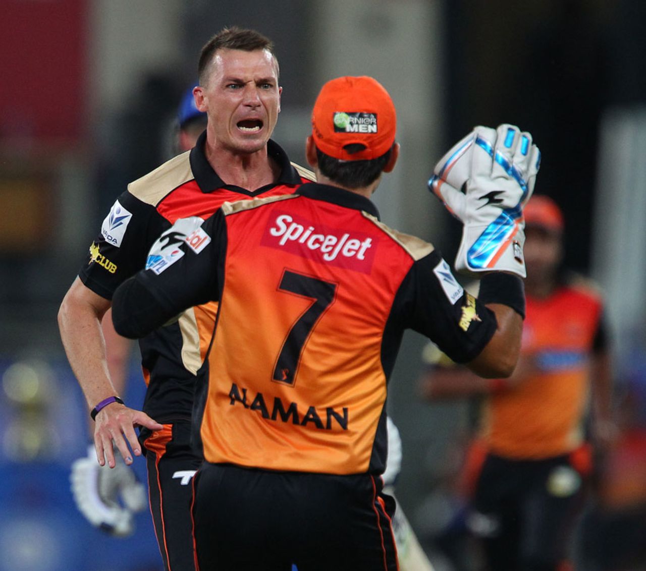 Dale Steyn is pumped after dismissing Corey Anderson, Mumbai Indians v Sunrisers Hyderabad, IPL 2014, Dubai, April 30, 2014