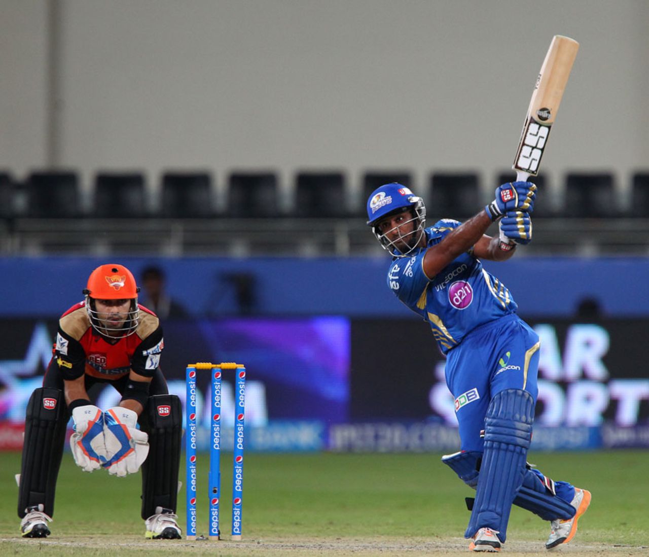 Ambati Rayudu steps out and plays through the off side, Mumbai Indians v Sunrisers Hyderabad, IPL 2014, Dubai, April 30, 2014