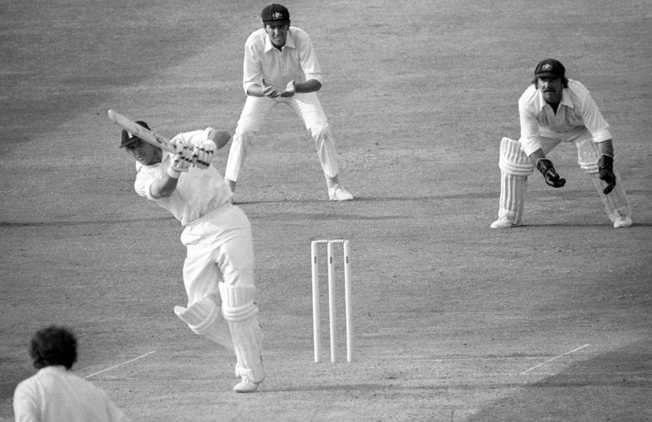 Geoff Boycott drives through mid-on to reach his 100th hundred, England v Australia, 4th Test, 1st day, Headingley, August 11, 1977