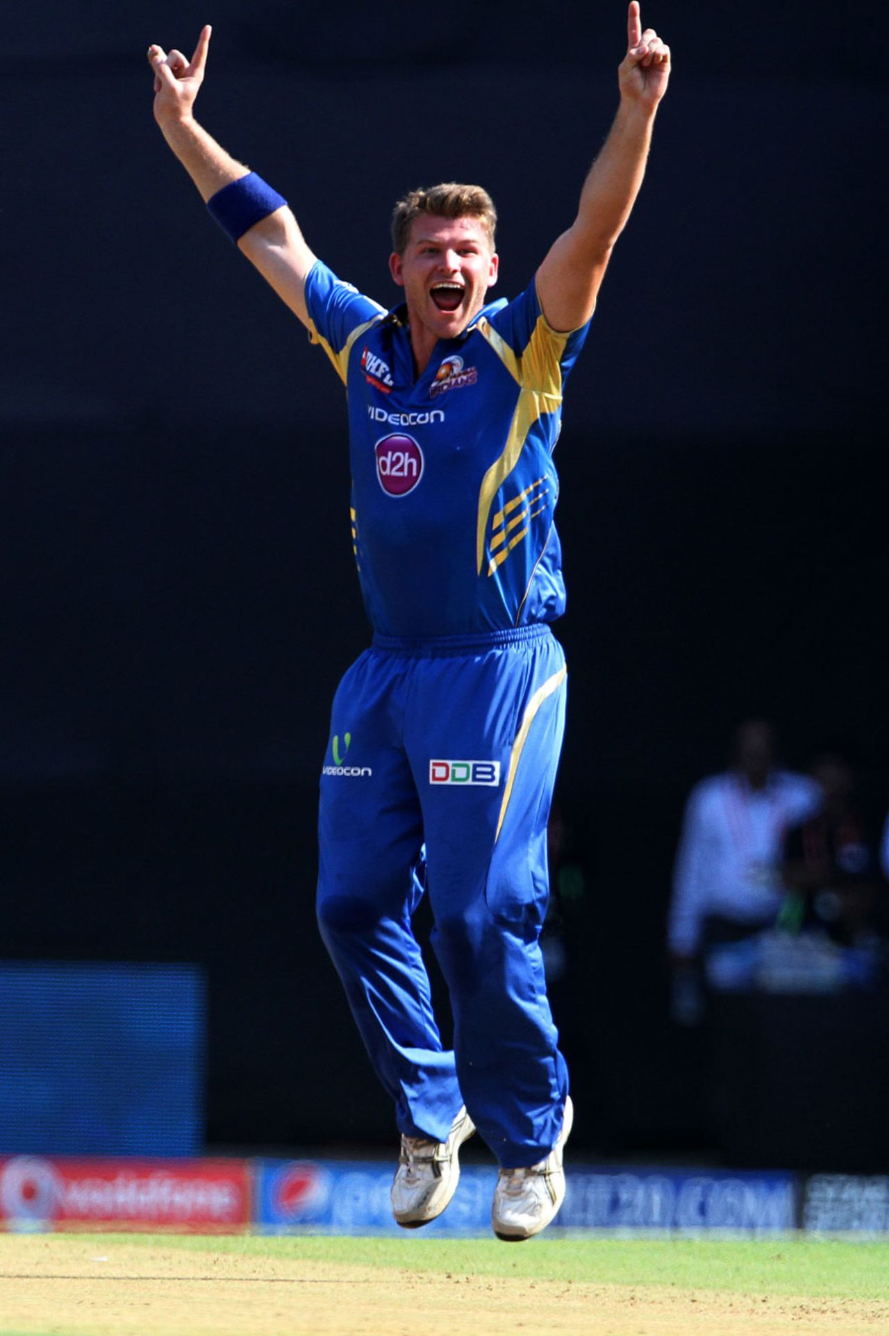 Corey Anderson exults after dismissing Cheteshwar Pujara, Mumbai Indians v Kings XI Punjab, IPL 2014, Mumbai, May 3, 2014
