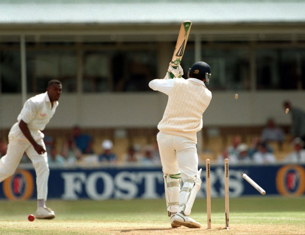 Ian Bishop knocks out Richard Illingworth's middle stump, England v West Indies, 3rd Test, Edgbaston, 1st day, July 6, 1995