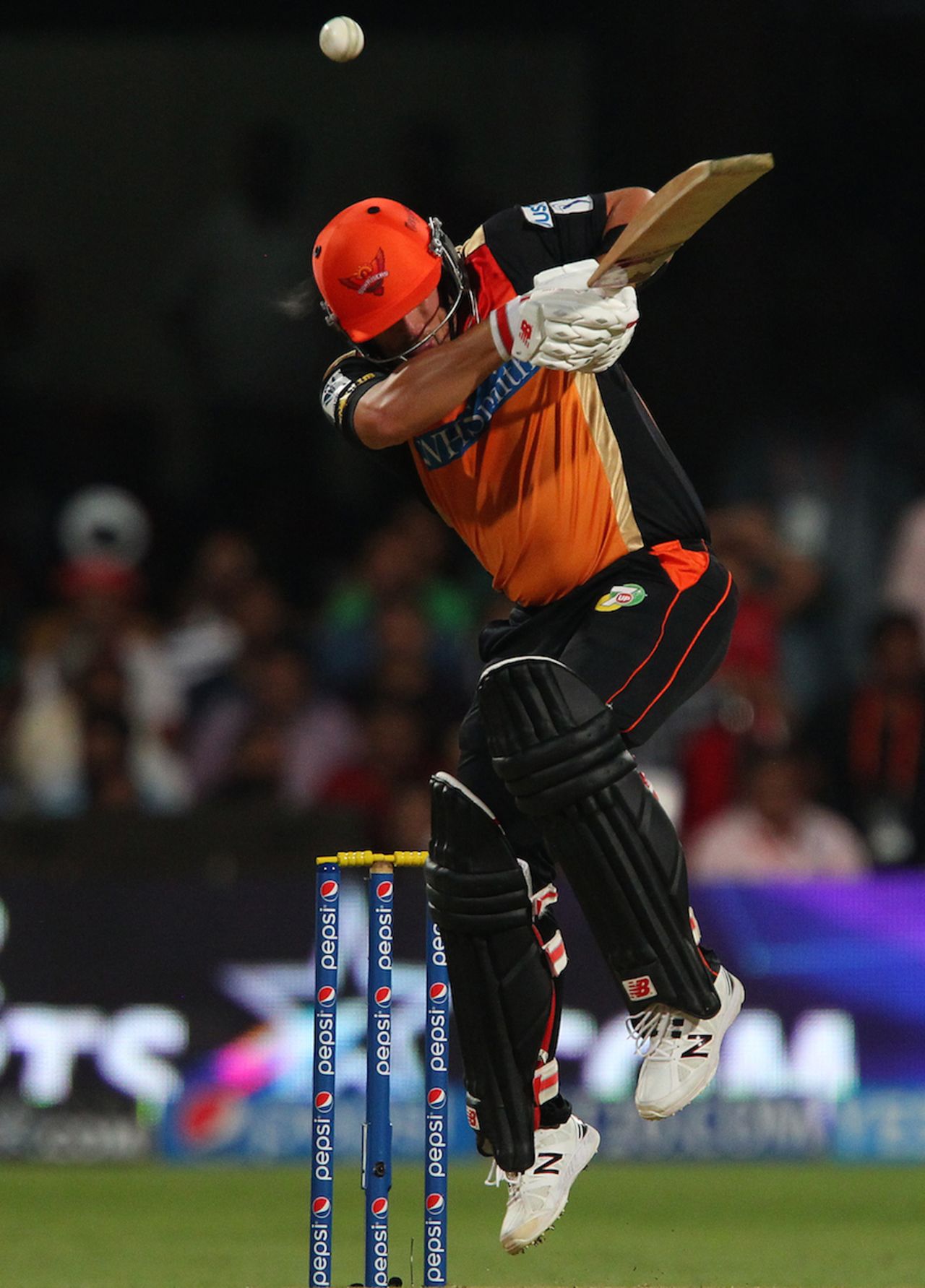Aaron Finch had no time to get out of the way of a sharp Mitchell Starc bouncer, Royal Challengers Bangalore v Sunrisers Hyderabad, IPL, Bangalore, May 4, 2014