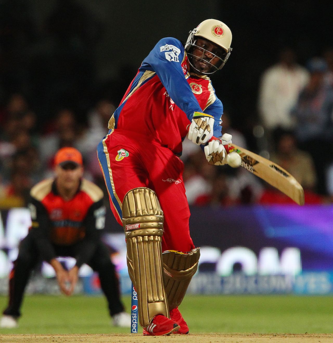 Chris Gayle launches one into the crowd, Royal Challengers Bangalore v Sunrisers Hyderabad, IPL, Bangalore, May 4, 2014