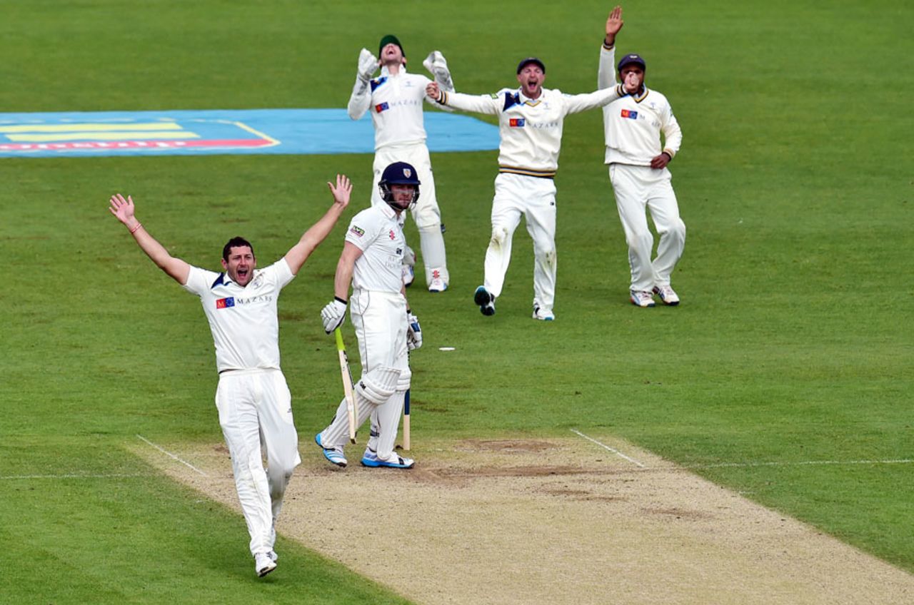 Tim Bresnan appeals unsuccessfully for Mark Stoneman's wicket, Durham v Yorkshire, County Championship, Division One, Chester-le-Street, 3rd day, May 6, 2014