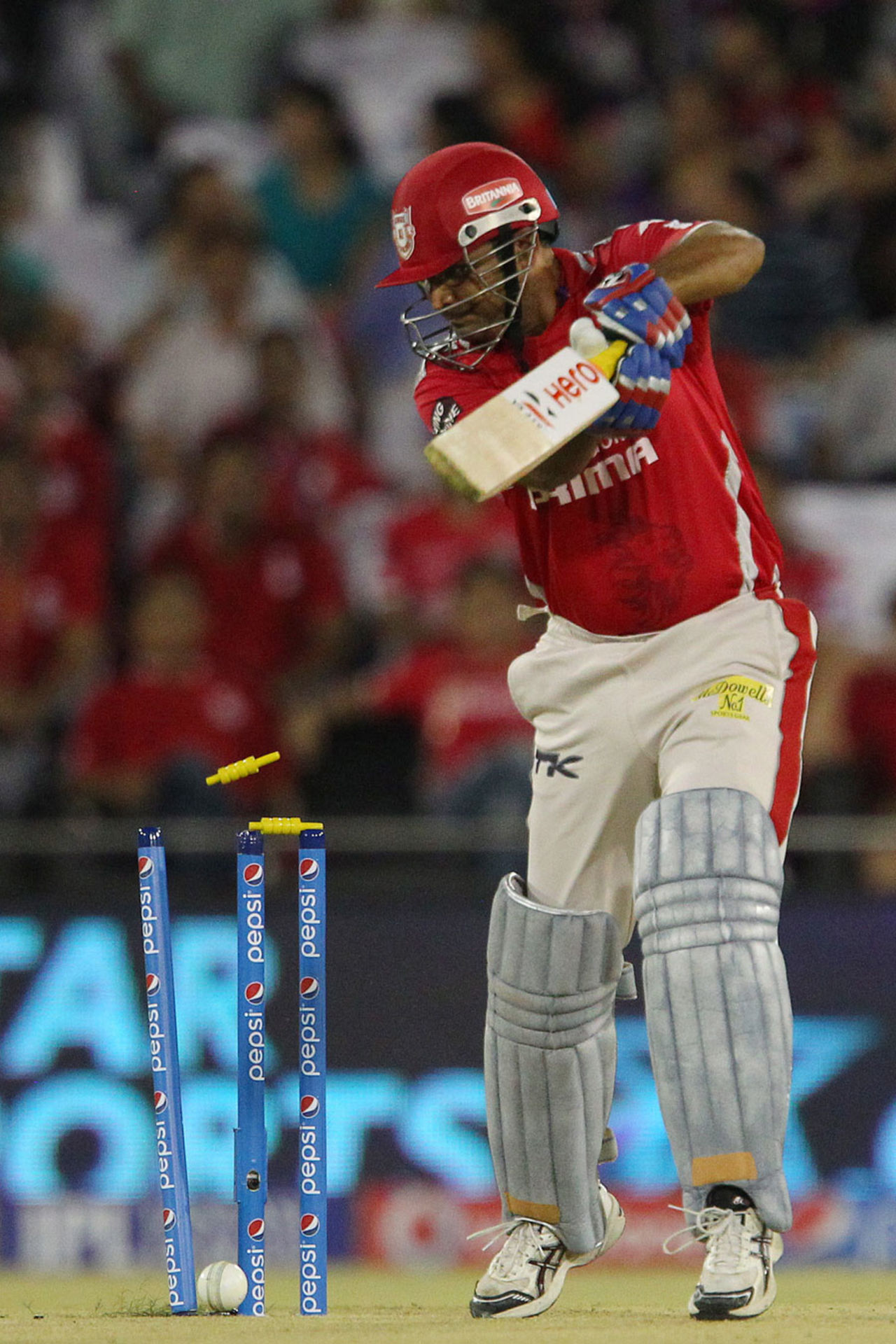 Virender Sehwag is bowled, Kings XI Punjab v Chennai Super Kings, IPL 2014, Cuttack, May 7, 2014