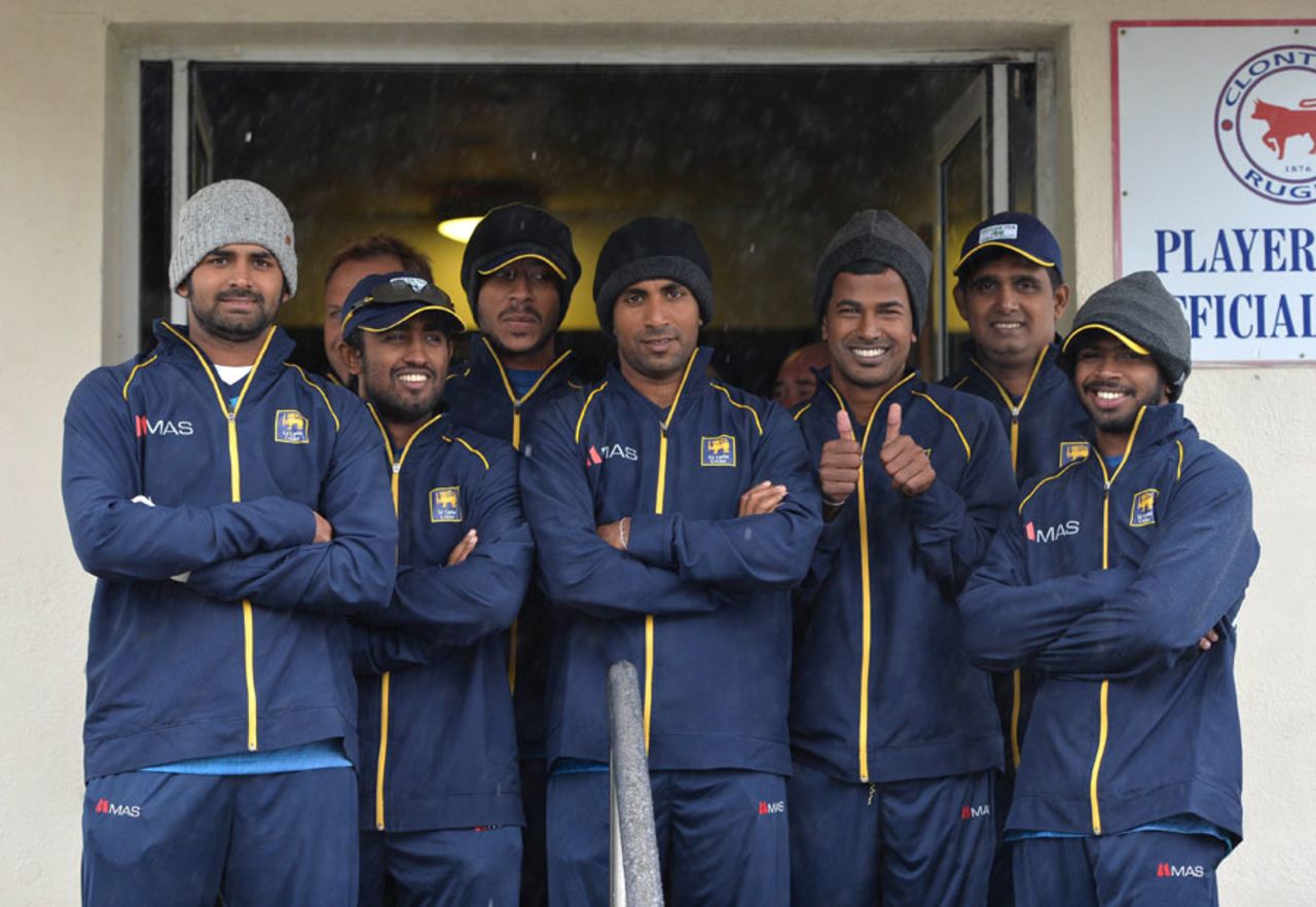 The Sri Lanka squad wait for the rain to stop, Ireland v Sri Lanka, 2nd ODI, Clontarf, May 8, 2014