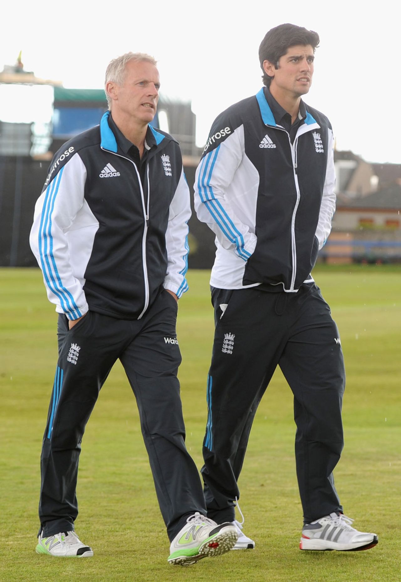 Peter Moores and Alastair Cook head out to inspect the pitch, Scotland v England, only ODI, Aberdeen, May 8, 2014