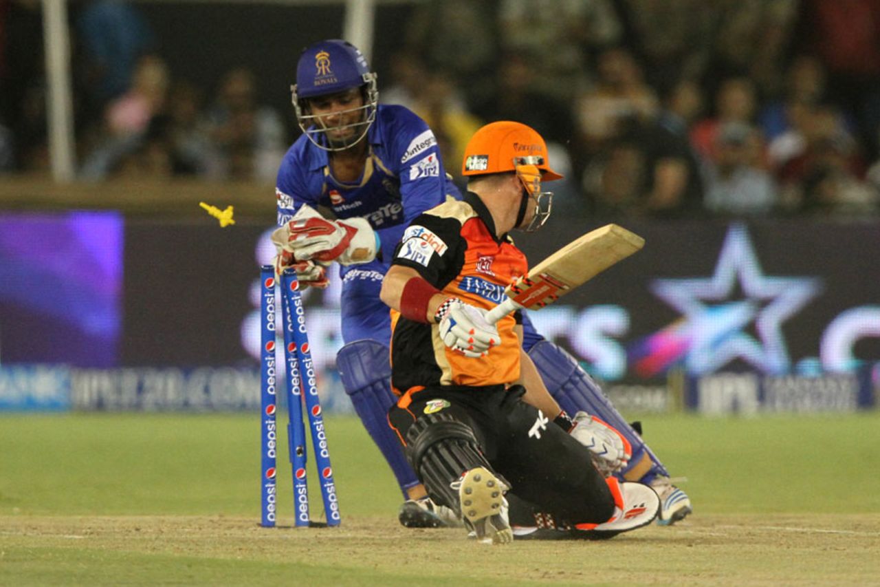 David Warner was stumped for 6, Rajasthan Royals v Sunrisers Hyderabad, IPL, Ahmedabad, May 8, 2014