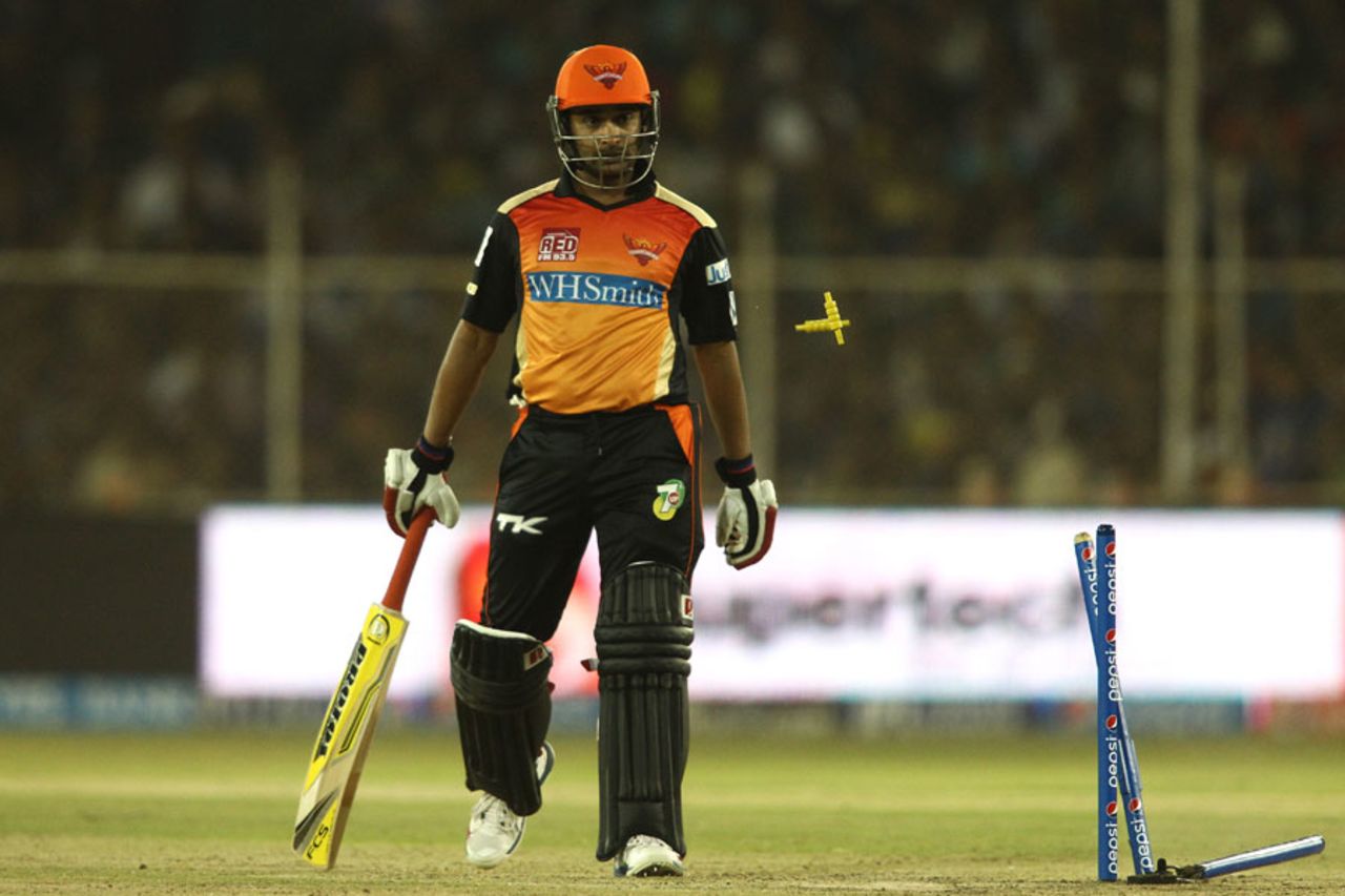 Amit Mishra looks on after being comically run out, Rajasthan Royals v Sunrisers Hyderabad, IPL, Ahmedabad, May 8, 2014