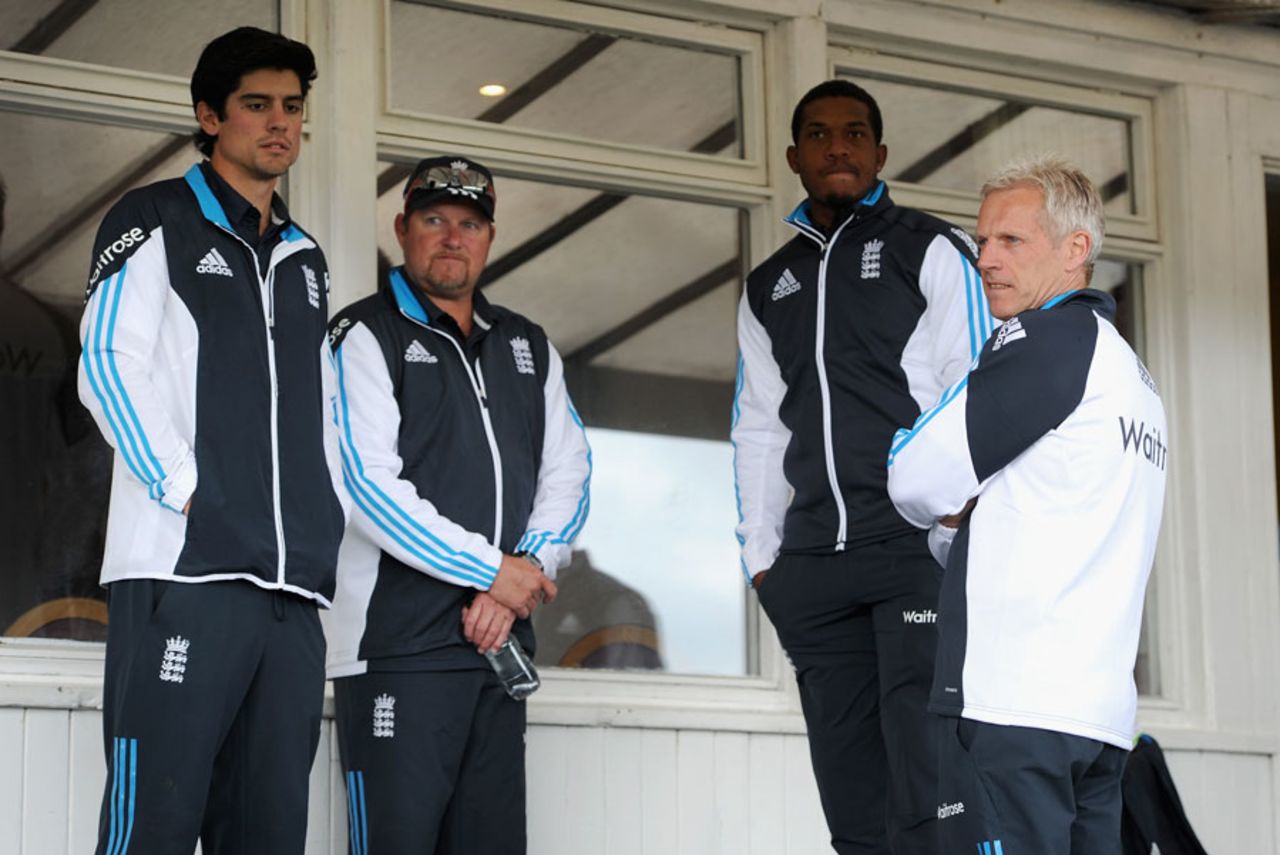 Alastair Cook, David Saker, Chris Jordan and Peter Moores check out Mannofield Park, Scotland v England, only ODI, Aberdeen, May 8, 2014