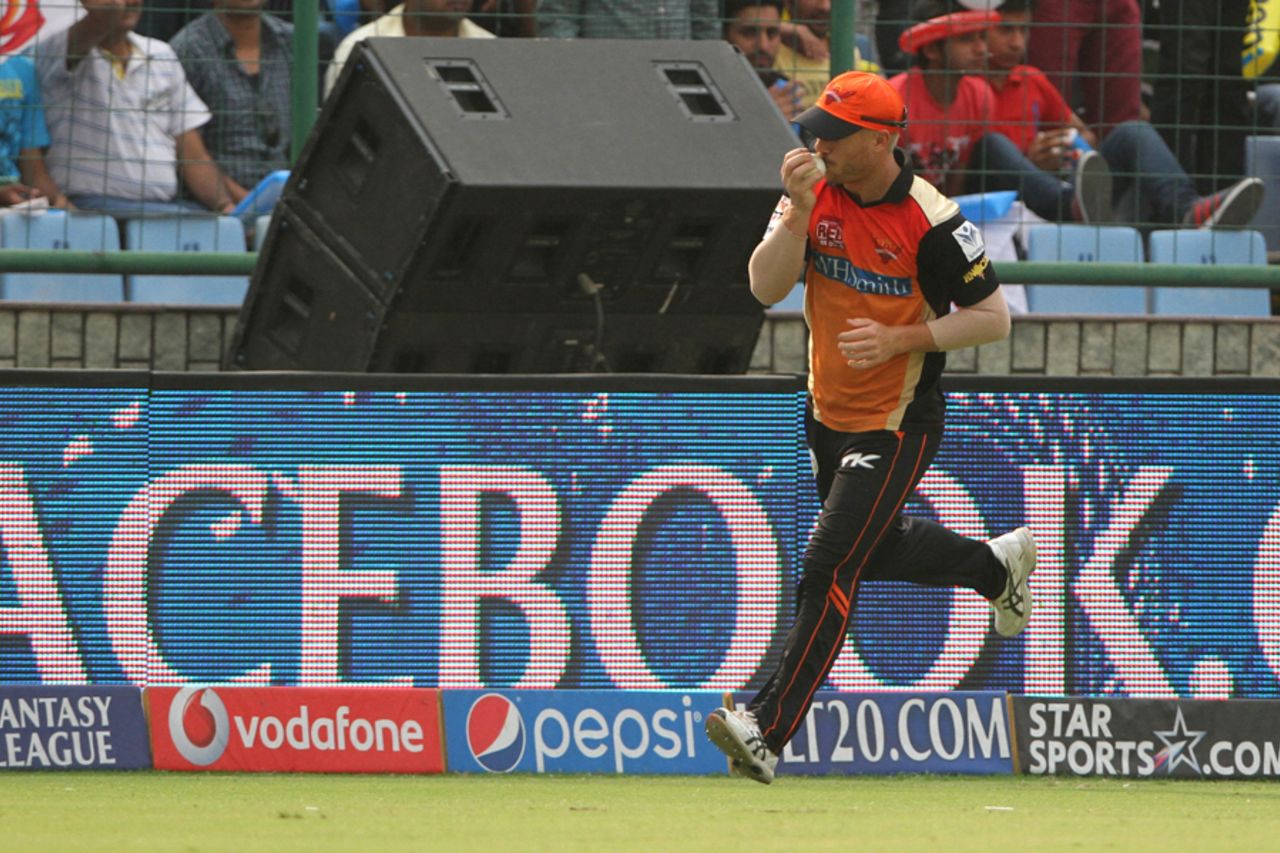 David Warner celebrates catching Mayank Agarwal, Delhi Daredevils v Sunrisers Hyderabad, IPL 2014, Delhi, May 10, 2014