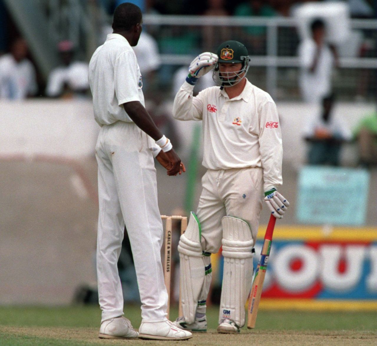 Curtly Ambrose and Steve Waugh eye each other, West Indies v Australia, 3rd Test, Port-of-Spain, 1st day, April 21, 1995