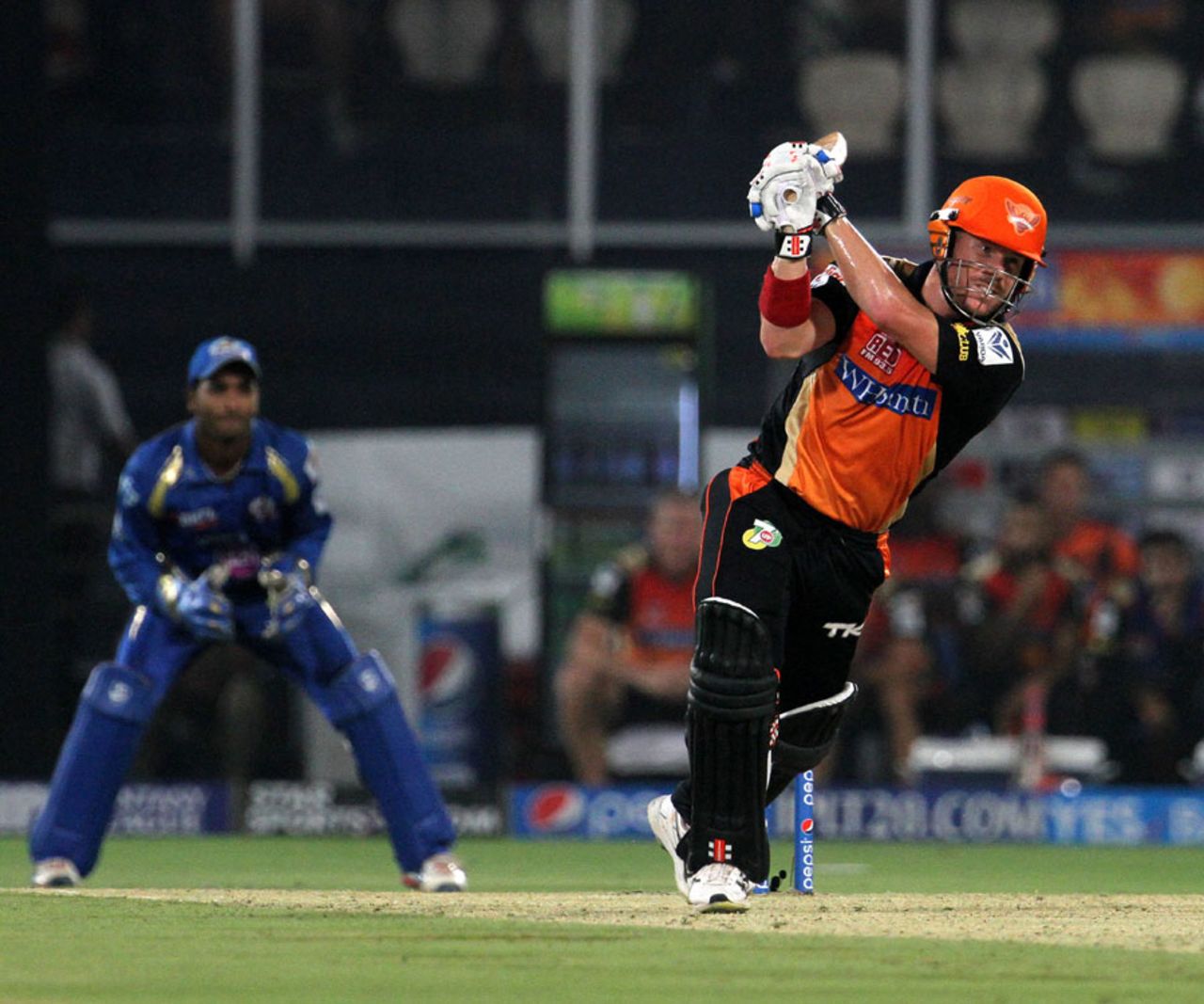 David Warner smacked six fours in his unbeaten 55, Sunrisers Hyderabad v Mumbai Indians, IPL 2014, Hyderabad, May 12, 2014