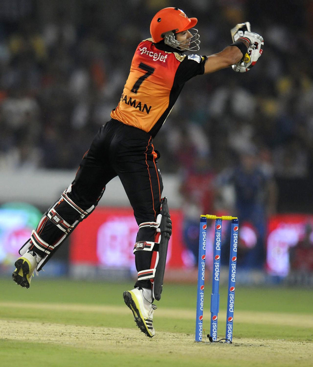 Naman Ojha tries to have a swing at the ball, Sunrisers Hyderabad v Mumbai Indians, IPL 2014, Hyderabad, May 12, 2014