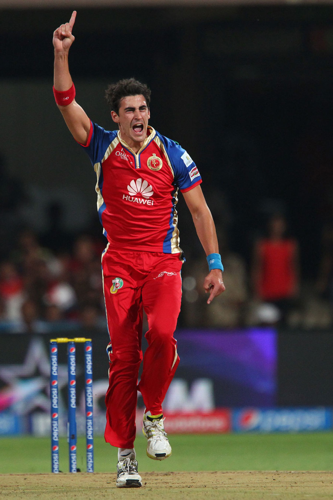 Mitchell Starc exults after a wicket, Royal Challengers Bangalore v Delhi Daredevils, IPL 2014, Bangalore, May 13, 2014