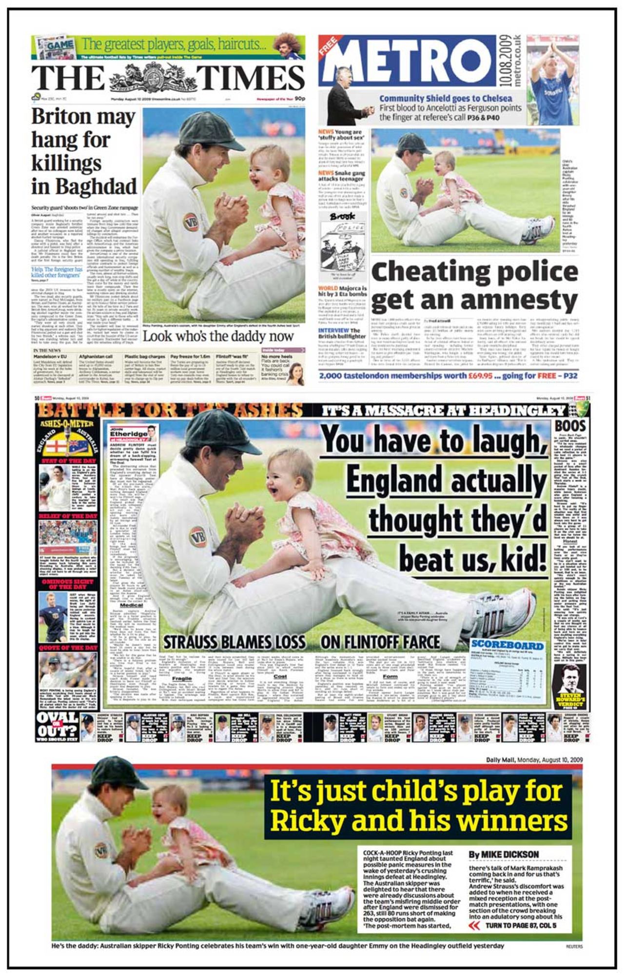 Newspapers feature a Philip Brown photo of Ricky Ponting with his daughter Emmy at the end of the match, England v Australia, fourth Test, Headingley, 9 August 2009