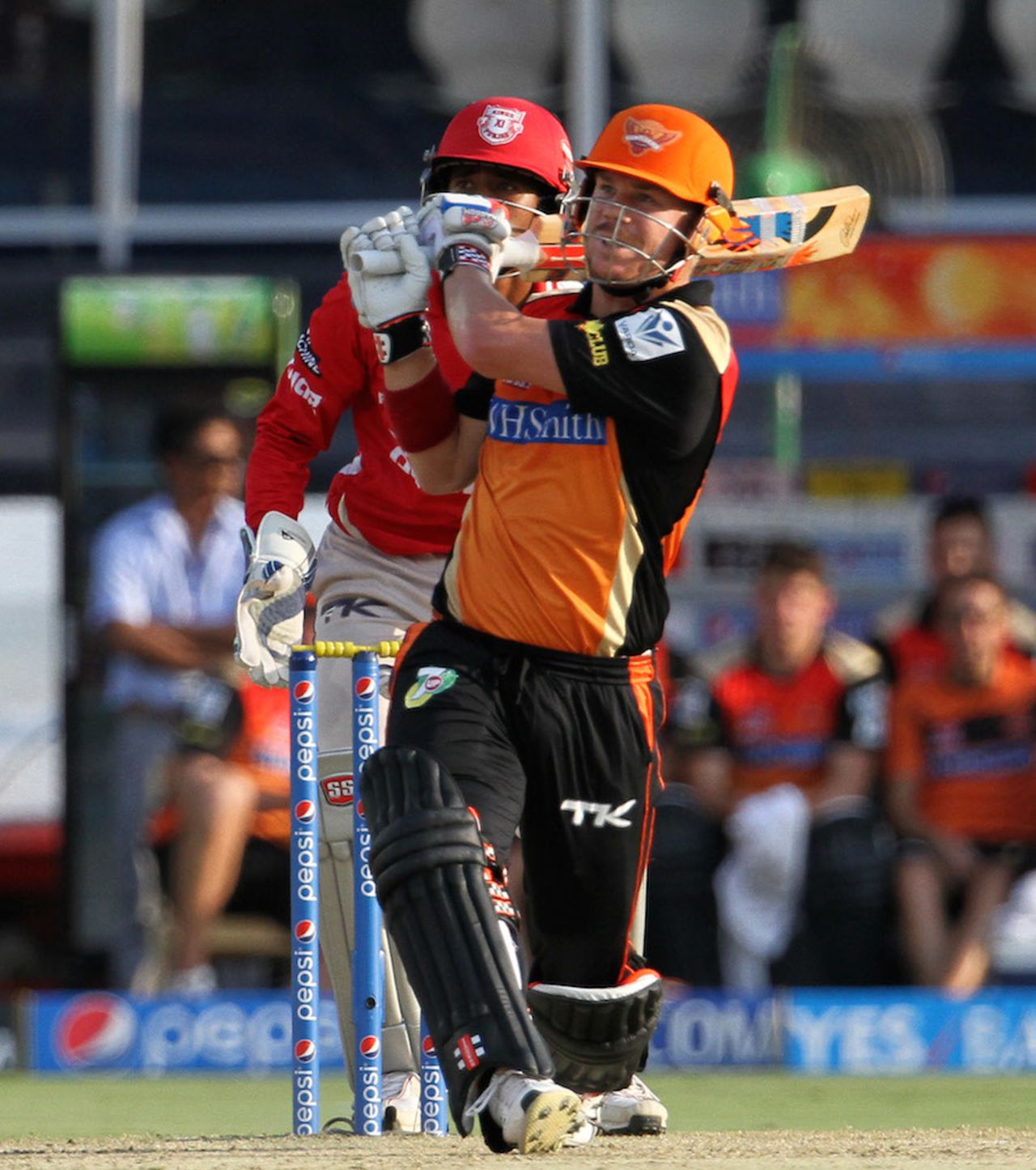 David Warner smacks one across the line, Sunrisers Hyderabad v Kings XI Punjab, IPL 2014, Hyderabad, May 14, 2014