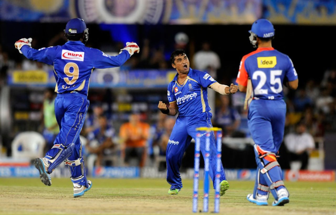 Pravin Tambe celebrates the wicket of JP Duminy, Rajasthan Royals v Delhi Daredevils, IPL 2014, Ahmedabad, May 15, 2014