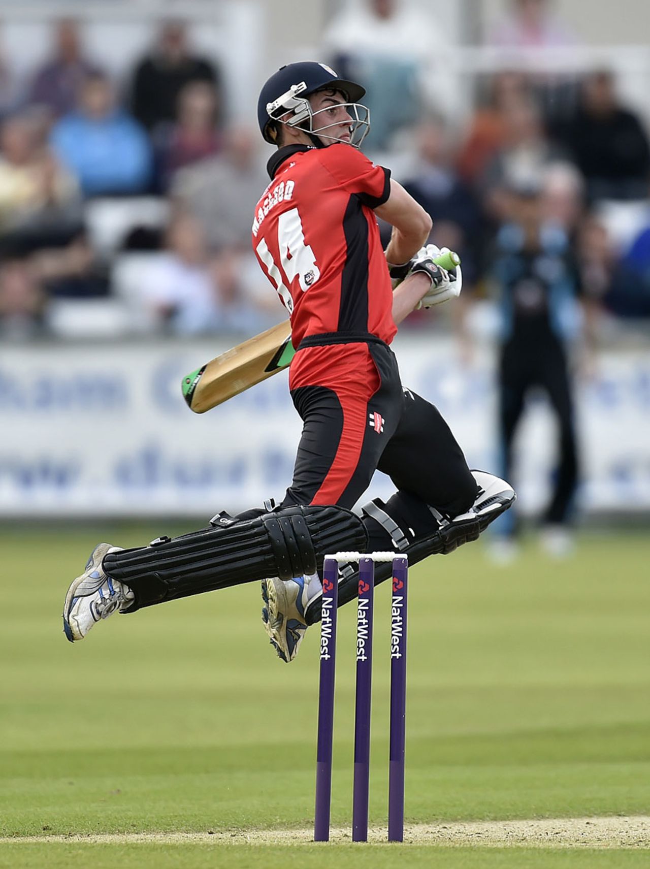 Calum MacLeod swings himself off his feet, Durham v Worcestershire, NatWest T20 Blast, North Division, Chester-le-Street, May 16, 2014