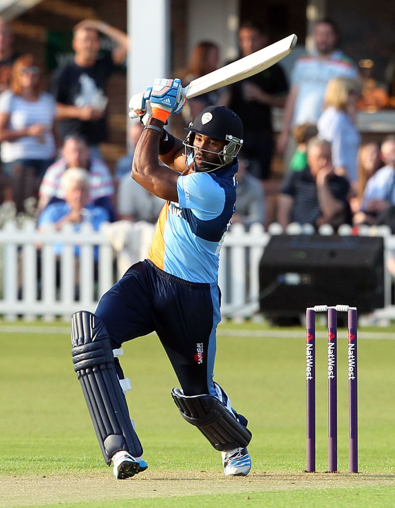 Chesney Hughes swings down the ground, Leicestershire v Derbyshire, NatWest T20 Blast, Grace Road, May 16, 2014
