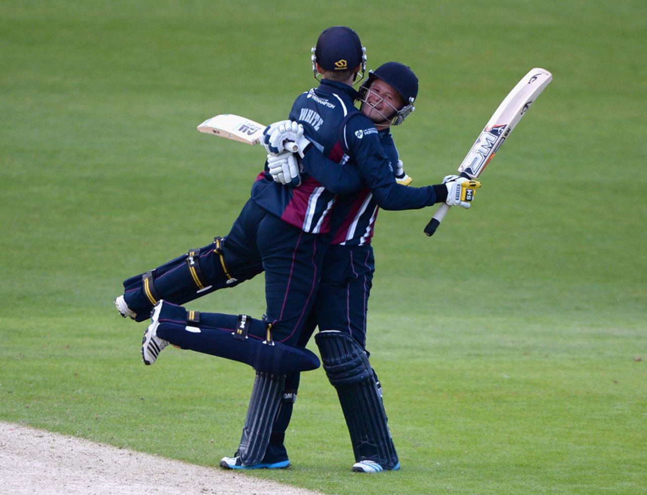 Ben Duckett and Graeme White celebrate sealing victory, Yorkshire v Northamptonshire, NatWest T20 Blast, North Division, Headingley, May 16, 2014