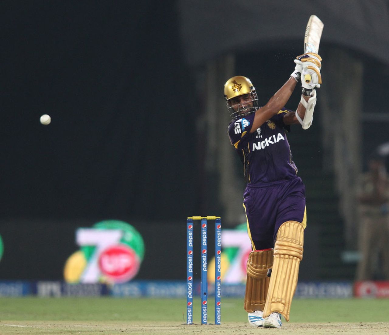 Robin Uthappa cracks the ball down the ground, Sunrisers Hyderabad v Kolkata Knight Riders, IPL 2014, Hyderabad, May 18, 2014