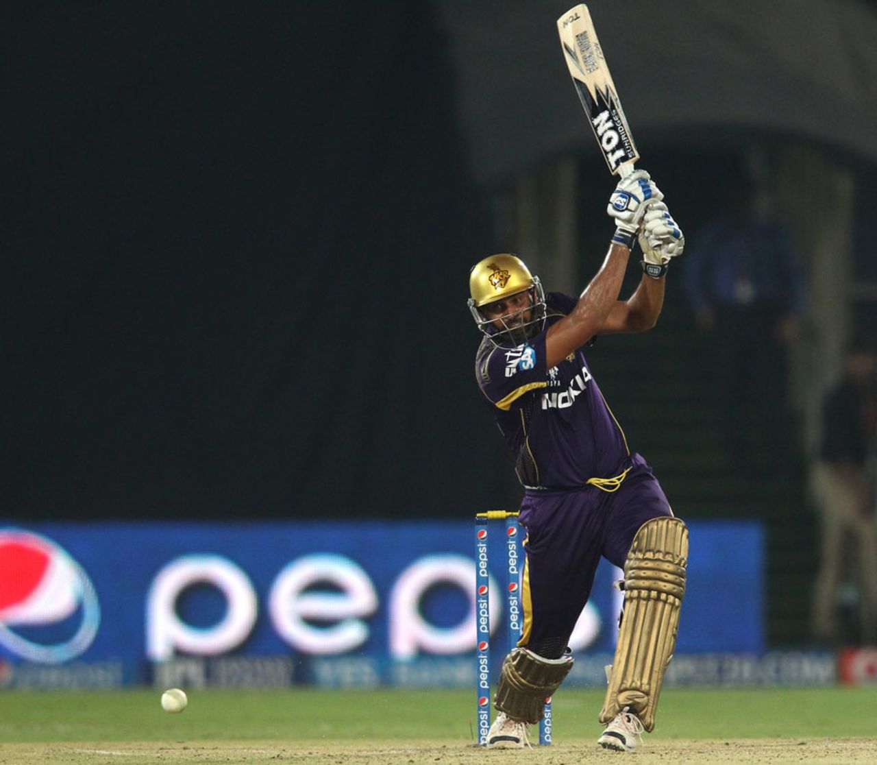 Yusuf Pathan powers the ball through the off side, Sunrisers Hyderabad v Kolkata Knight Riders, IPL 2014, Hyderabad, May 18, 2014