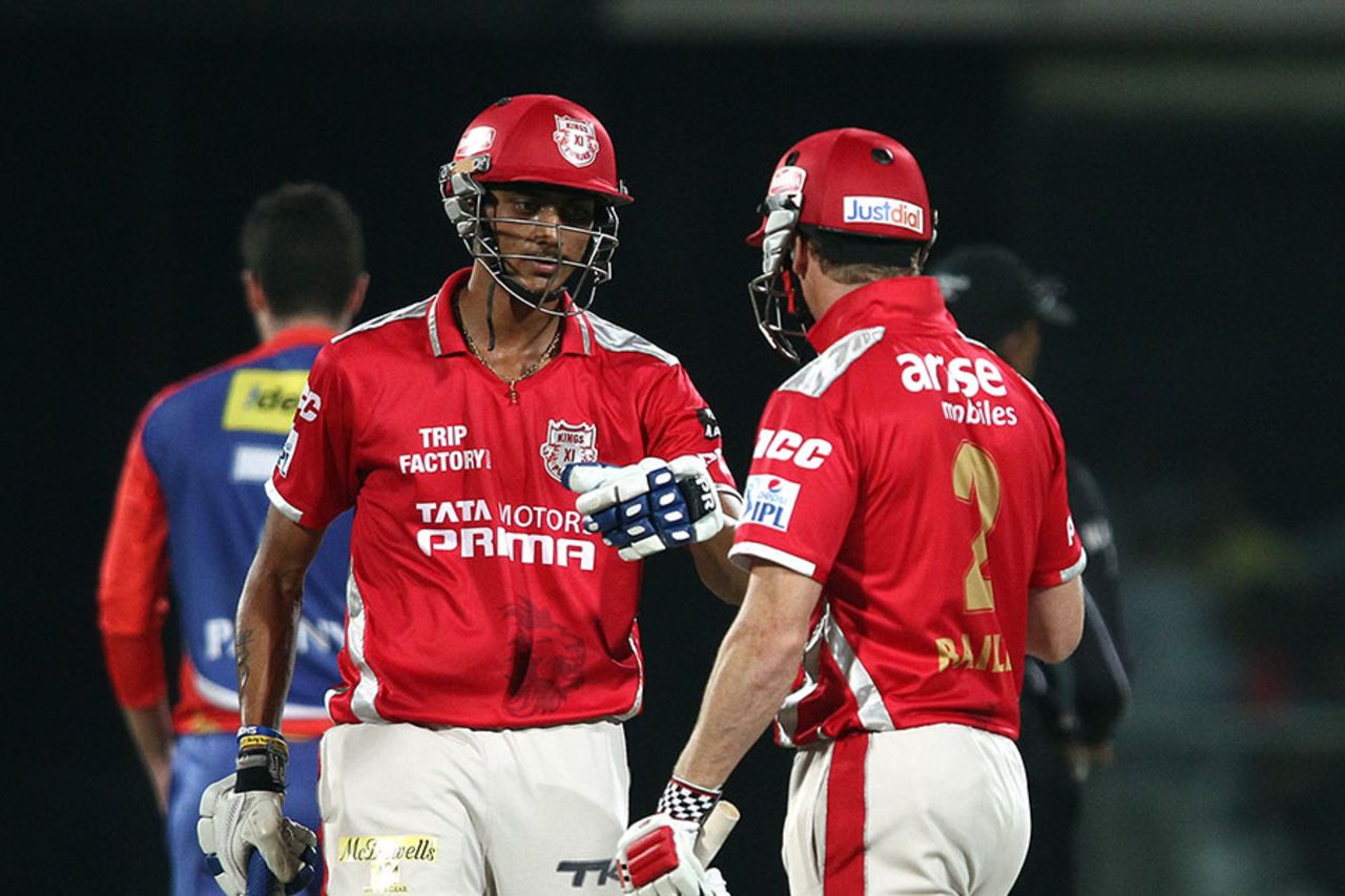 Akshar Patel punches gloves with George Bailey, Delhi Daredevils v Kings XI Punjab, IPL 2014, Delhi, May 19, 2014