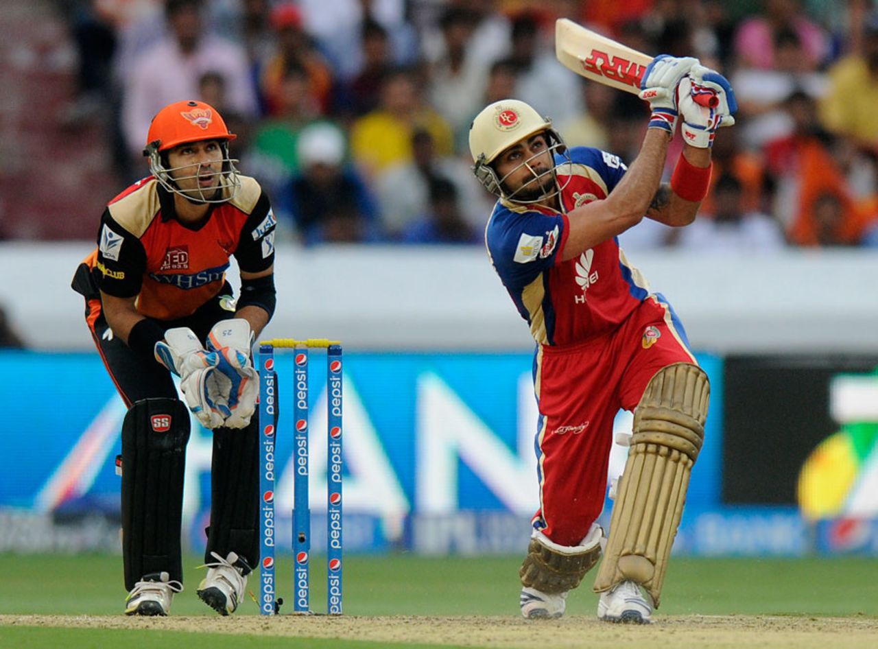 Virat Kohli attacks on his way to a 41-ball 67, Sunrisers Hyderabad v Royal Challengers Bangalore, IPL 2014, Hyderabad, May 20, 2014