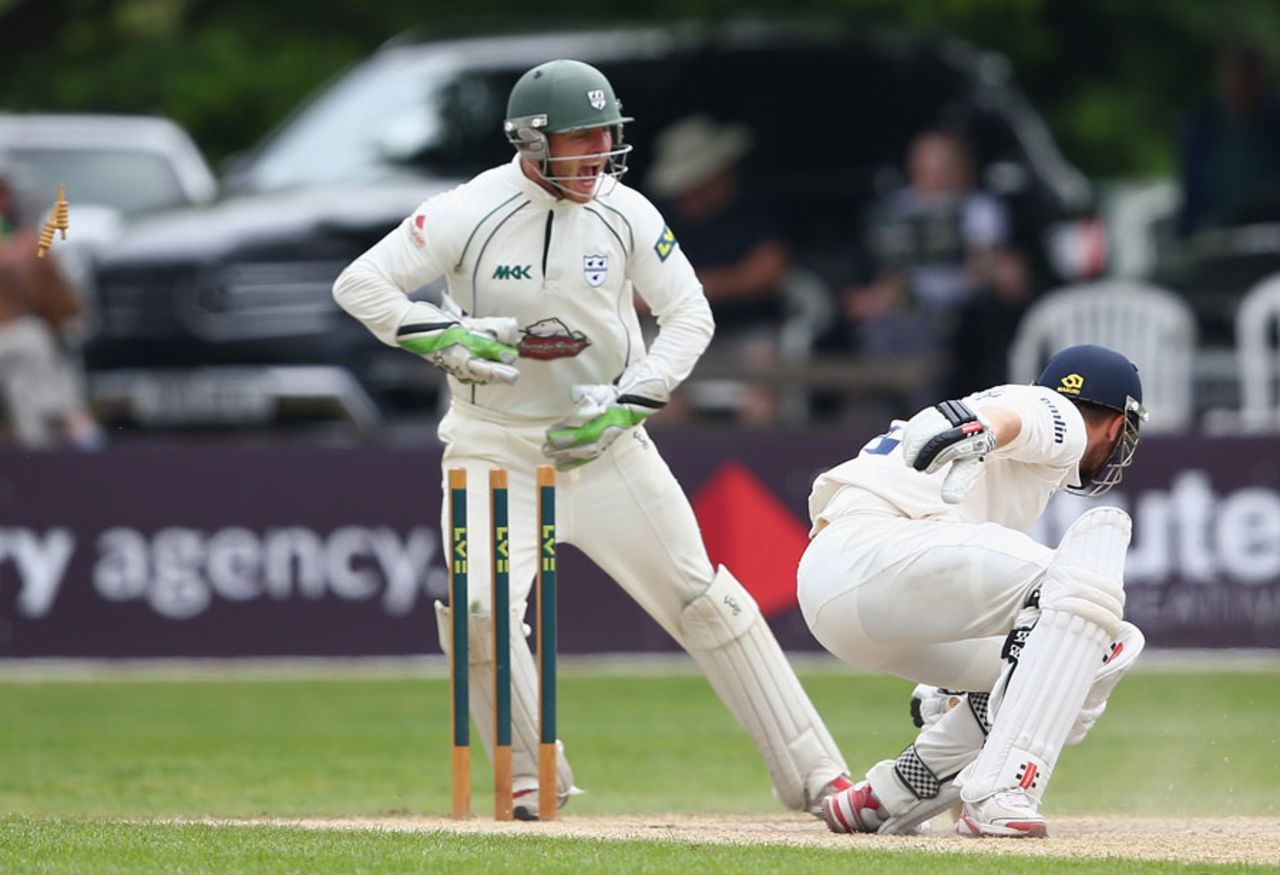 Ben Cox completes the stumping of Jaik Mickleburgh, Worcestershire v Essex, County Championship, Division Two, 3rd day, May 20, 2014