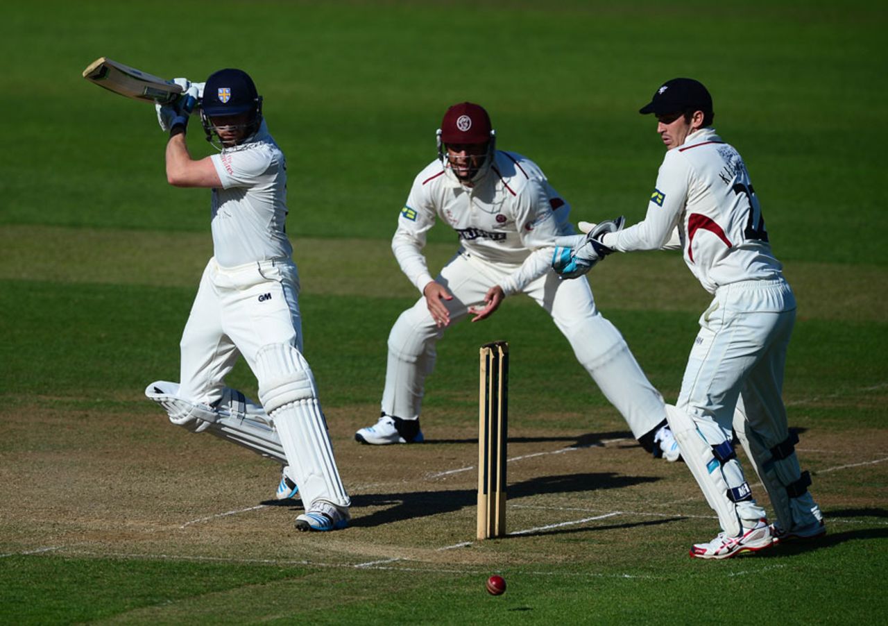 Mark Stoneman cuts during an unbeaten half-century, Somerset v Durham, County Championship, Division One, Taunton, 2nd day, May 20, 2014