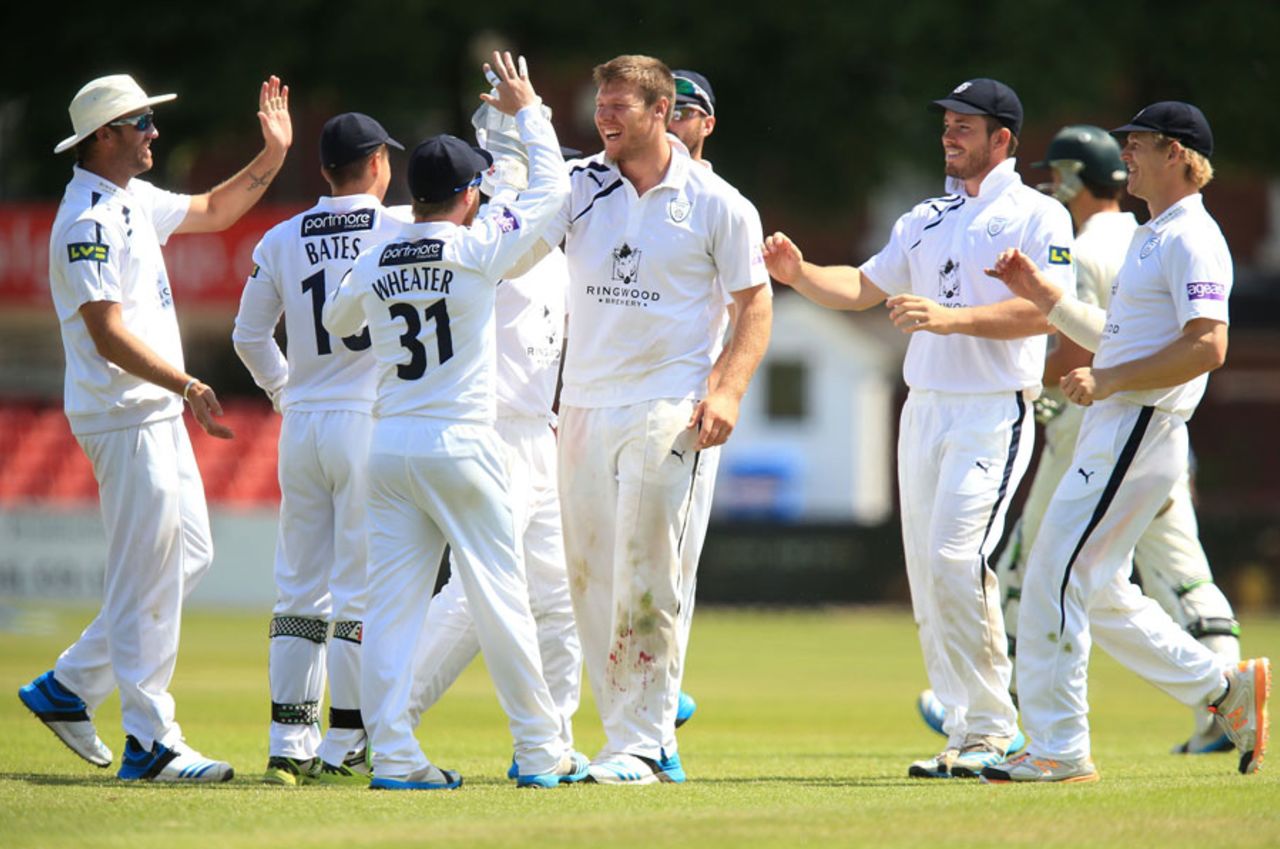 Matt Coles takes the high-fives for one of his three wickets, Leicestershire v Hampshire, County Championship Division T20, Grace Road, 4th day, May 21, 2014