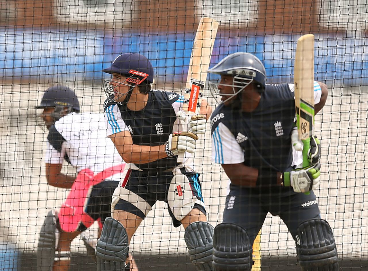 Ravi Bopara, Alastair Cook and Michael Carberry line up in the nets, The Oval, May 21, 2014