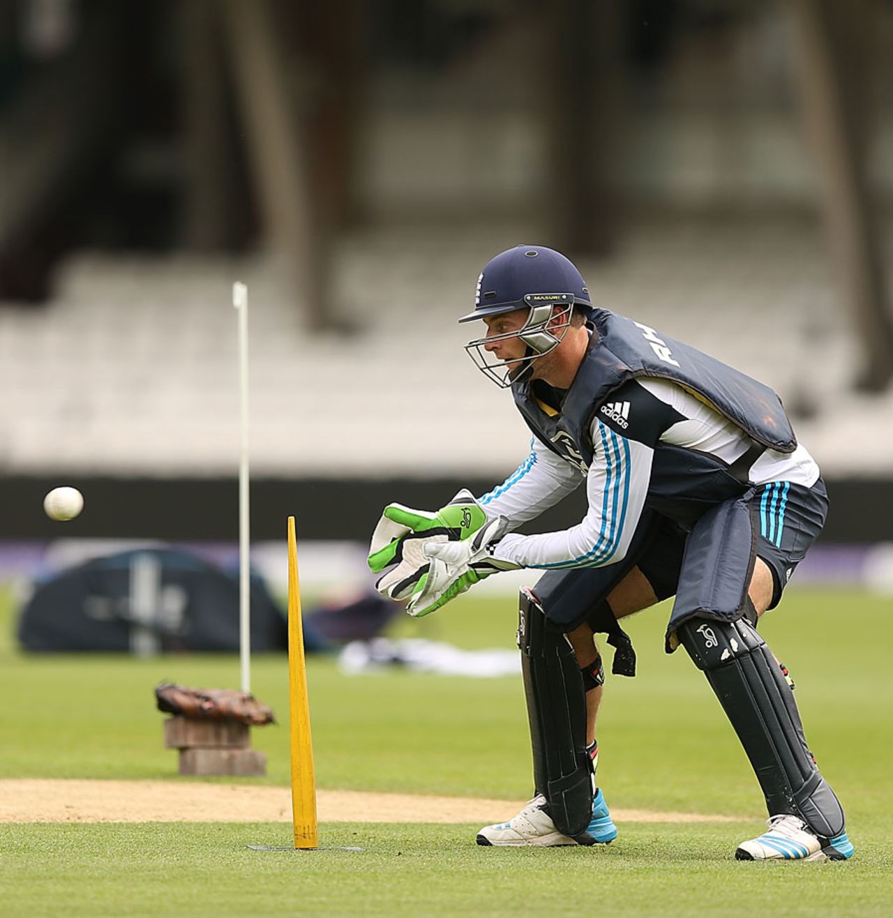 Jos Buttler wears some interesting padding as he trains, The Oval, May 21, 2014