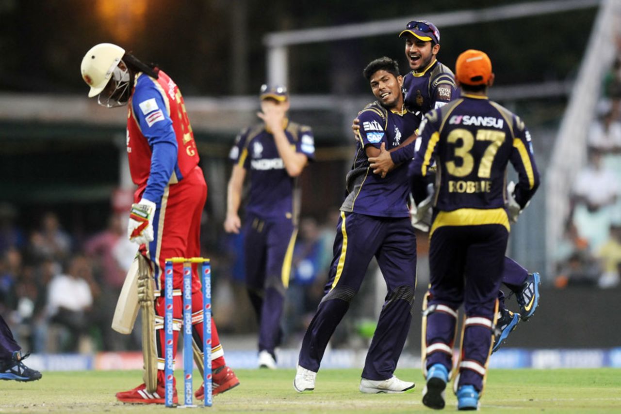 Umesh Yadav exults after trapping Chris Gayle lbw, Kolkata Knight Riders v Royal Challengers Bangalore, IPL 2014, Kolkata, May 22, 2014