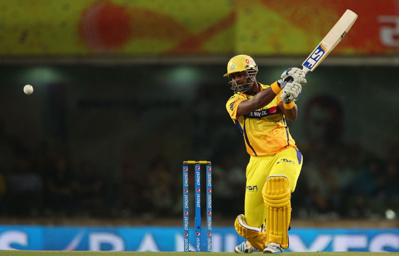 Dwayne Smith belts the ball through the off side, Chennai Super Kings v Sunrisers Hyderabad, IPL 2014, Ranchi, May 22, 2014